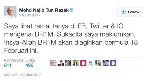 Tarikh permohonan dan kemaskini secara online dalam talian atau secara manual boleh dibuat mulai 27 november sehingga 31 disember 2017. Bayaran BR1M 2017 akan bermula pada 18 Februari