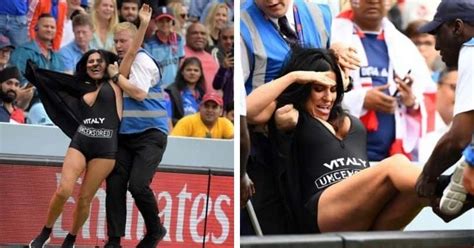 Kinsey wolanski runs onto pitch stopping play during champions league final and is later released by police to wander the streets of madrid in a thong. Scantily clad female streaker promoting X-rated website ...