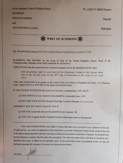 For those actions based mainly on construction of written law and documents (such as contracts and wills). London law student creates 'Writ of Summons' to ask ...