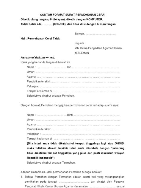 Ngrejo, 18 agustus 2014 kepala sekolah sri suciati, s.pd. Format Contoh Surat Permohonan Cerai Talak (Suami Yang ...