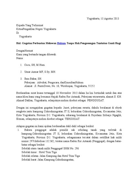 Surat kuasa istimewa atau khusus. Contoh Surat Gugatan Tanpa Pengacara