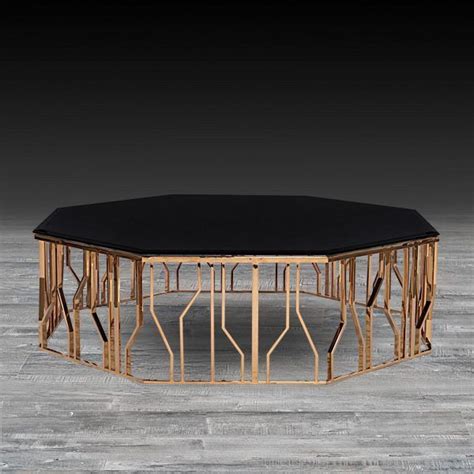 Black and rose gold coffee table. Lorensia Luxury Large Coffee Table features an octagon shape black glass top and rose gold ...