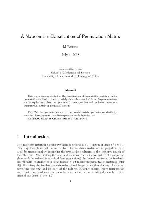 This method takes a list as an input and returns an object list of tuples that contain all permutations in a list form. (PDF) A Note on the Classification of Permutation Matrix