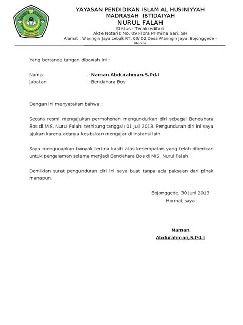 10 contoh surat pengunduran diri kerja baik dan sopan. Download Contoh Surat Pengunduran Diri Dari Sekolah ...