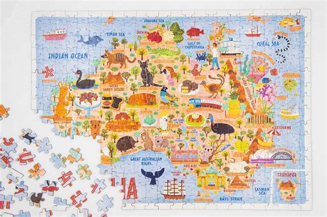 Cats, dogs, horses, elephants, tigers, foxes, ducks, monkeys, sheep, rabbits. Australia Map Jigsaw Puzzle 384 pieces premium hand made