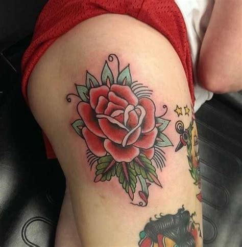 3.12 thigh leopard print tattoo. Upper side thigh rose done by Kyle at All City Tattoo in ...