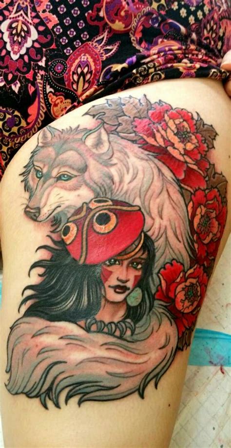 This tattoo showcases spirits and sidekicks out of spirited away, kiki's delivery service, howl's moving castle, princess mononoke, and my neighbor totoro. Princess Mononoke Tattoo Coloured by AtaliaLight on DeviantArt