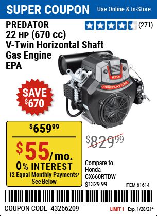 Some stores accept coupons in a certain period when the stock is in effect. PREDATOR 22 HP (670cc) V-Twin Horizontal Shaft Gas Engine ...