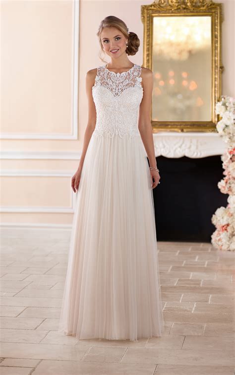 A sleeveless wedding dress with a high neckline is a decidedly fresh bridal look and quite flattering in terms of silhouette no matter your body type. High Neck Wedding Dress with Lace Back - Stella York ...