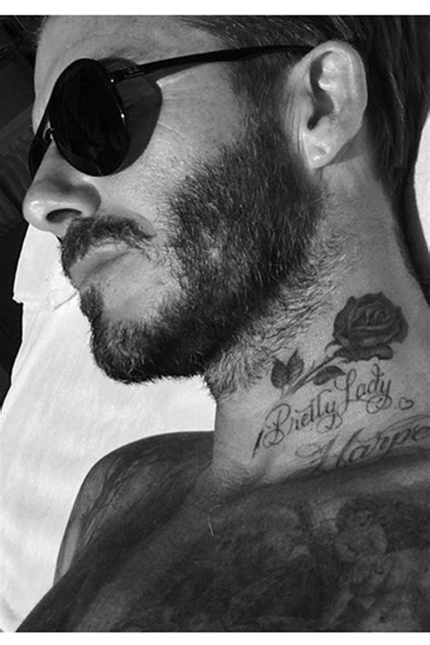 David beckham apparently didn't feel that his pretty lady neck tattoo did his love for daughter, harper, justice, because the soccer phenom and ink lover has added a new rose tattoo to his neck, just above the pretty lady and harper ink that was already there. News | Marie Claire | Rose neck tattoo, David beckham ...