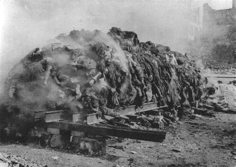 This is not incitment to hatred, it is just the truth based on evidence. A pile of bodies awaits cremation after the firebombing of ...