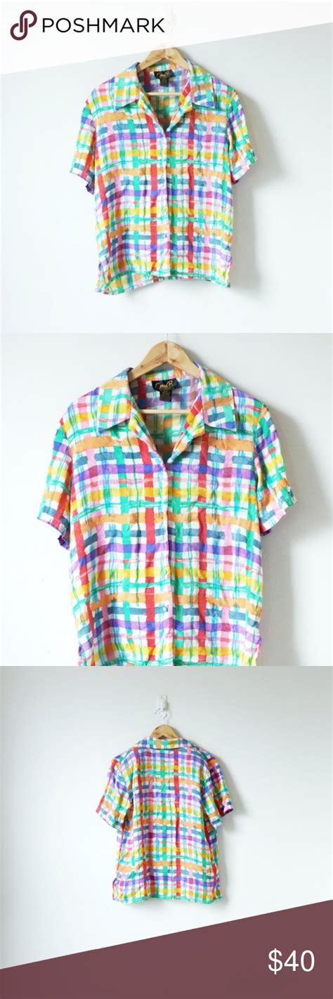 Rainbow bow by lisa hooper. Vintage 80s Rainbow Plaid Silk Button Up Shirt This ...