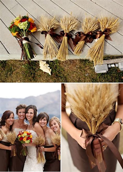 Fall silk flower bridal bouquet, sunflowers, ranunculus, calla lilies, berries, pine cones. 30 Fall Rustic Country Wheat Wedding Decor Ideas | Deer ...