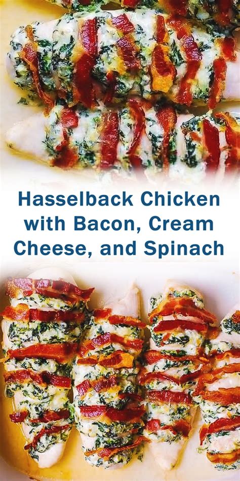 Hasselback is a cooking method for chicken, though it's also often used for vegetables, such as potatoes, as well. Hasselback Chicken with Bacon-Cream Cheese-and Spinach