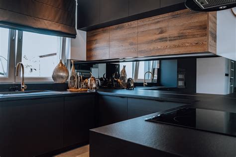 .and white appliances kitchen cabinets designs with natural wood rustic design gallery hickory floors white ice granite dark knotty cherry matte black cabinet hardware natural wood kitchen cabinet doors. Modern Kitchen in Dark Grey & Burnt Oak - Devagi Kitchens