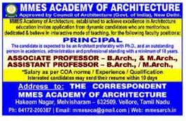 MMES Academy of Architecture, Vellore, Wanted Faculty Plus Principal ...