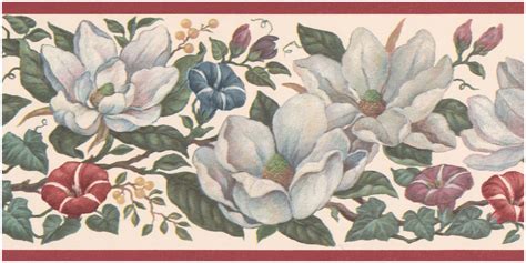Roses floral pastel wall mural pale vintage wallpaper | etsy. Prepasted Wall Border - White Pink Red Blue Flowers on Vine Red Trim Floral Wallpaper Border ...