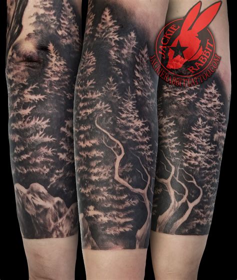 They fit huge intricate backpieces as well as tiny minimalistic miniatures. Pine Trees Ridge Mountain Branch Realistic Real 3D Black and Grey Sleeve Tattoo by Jackie Rabbit ...