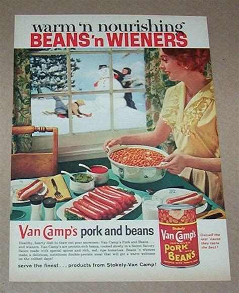 Add a hot dog to each bun and top with about 3 tablespoons of baked beans. 1962 print ad page - Van Camp's Pork & Beans family hot ...