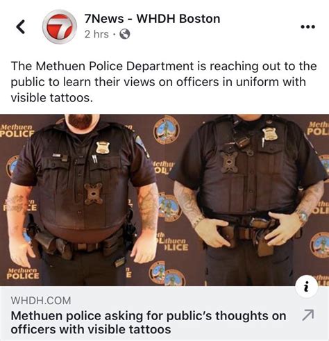 Departments struggling for qualified recruits with a similar policy would eventually have to modify the policy to tattoos being coverable by a long sleeved shirt or allow the display of tattoos. Do you care if police have visible tattoos? Personally I'm more concerned about the 4inch gap ...