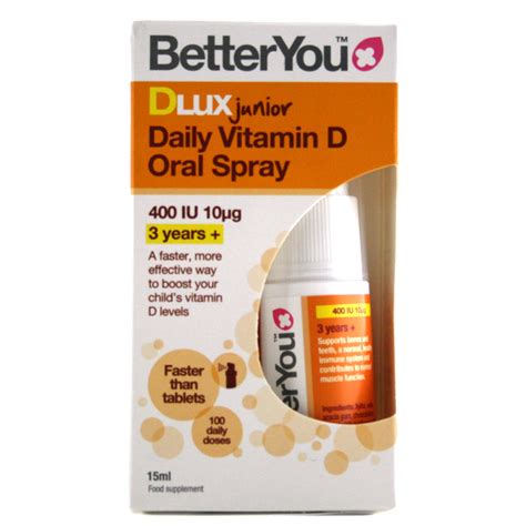 Betteryou vitamin d3000 oral spray is an optimum strength vitamin d supplement, specially formulated to deliver vitamin d through the soft tissue of the mouth for optimal absorption. DLux Junior 400UI Vitamin D Oral spray x 15ml (Better You ...