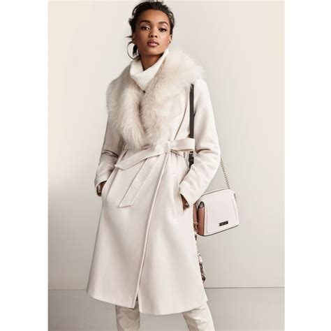 Button through jacket with cord detail. Cream faux fur collar belted robe coat | Faux fur collar ...