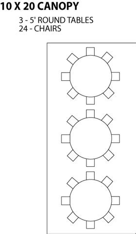 A very general rule of thumb is to allow for approximately 10 square foot of tent per person for a seated event when using standard banquet tables. Canopy Diagrams 10x20 Round Tables