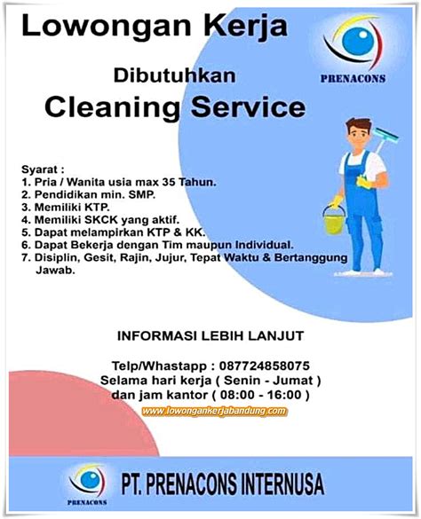 Tentu saja, apapun keputusan anda itu. Lowongan Kerja Karyawan Cleaning Service Prenacons - Lowongan Kerja Bandung ...