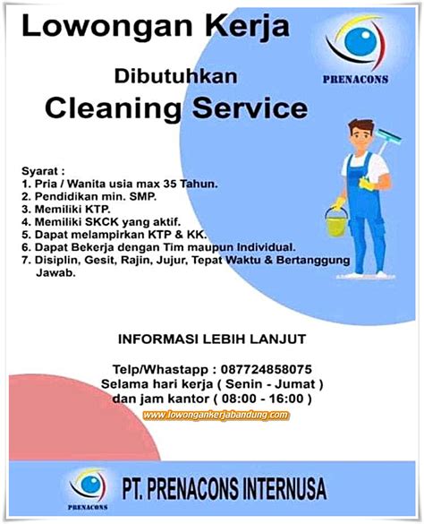 Lowongan kerja paruh waktu / part time terbaru juli 2021 temukan loker yang sesuai dengan lokasi, pendidikan dan minat anda. Lowongan Kerja Karyawan Cleaning Service Prenacons ...