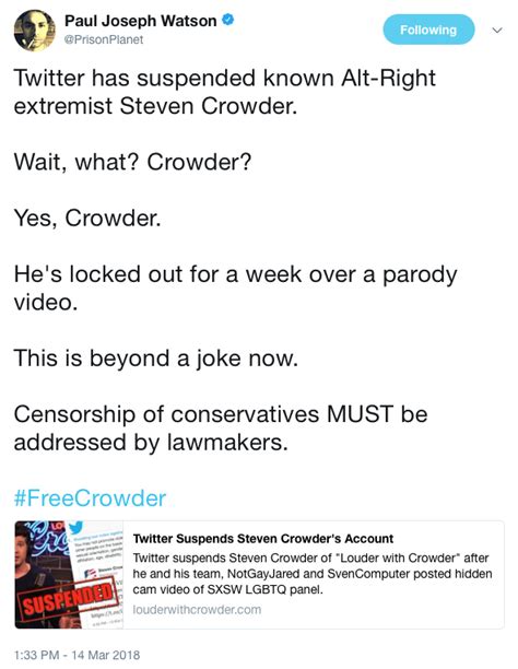 .twitter has suspended the account of popular blazetv host steven crowder for at least one crowder confirmed the suspension to theblaze tuesday afternoon. Twitter Suspends Steven Crowder For Sharing His LGBTQ ...