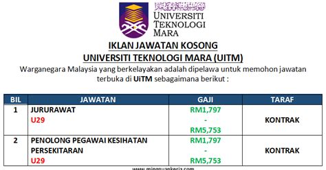 Permohonan kerja kosong hendaklah dibuat menggunakan borang kakitangan kuliah mara teknologi universiti boleh didapati di laman web uitm cawangan pahang di sini. Jawatan Kosong Jururawat & Penolong Pegawai Kesihatan ...