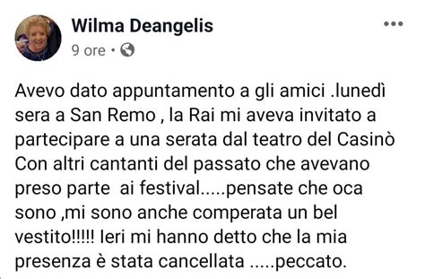 Wilma de angelis has a compelling sense of herself as a spiritual being who is the searcher and the seeker of truth. Perché l'esclusione di Wilma De Angelis da Sanremo mi ha ...