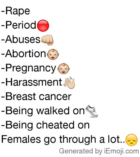 These emojis are available for use on most mobile devices as well as facebook this list show these emojis' names and how they appear when they are used on various platforms. myEmoji (myemoji): -Rape -PeriodRed Circle -Abuses ...