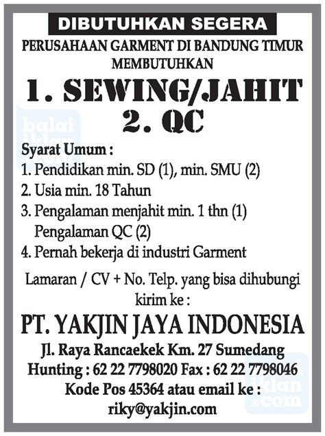 Pria atau wanita dengan usia maksimal 45 tahun (1). Lowongan Kerja Pt Yakjin Jaya Indonesia 2019 - Info ...