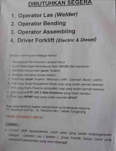 Lowongan kerja tangerang, jatake, jatiuwung, cikupa, bitung, cimone dan sekitar nya. Lowongan besar besaran pt spectrum unitec jatake tangerang ...