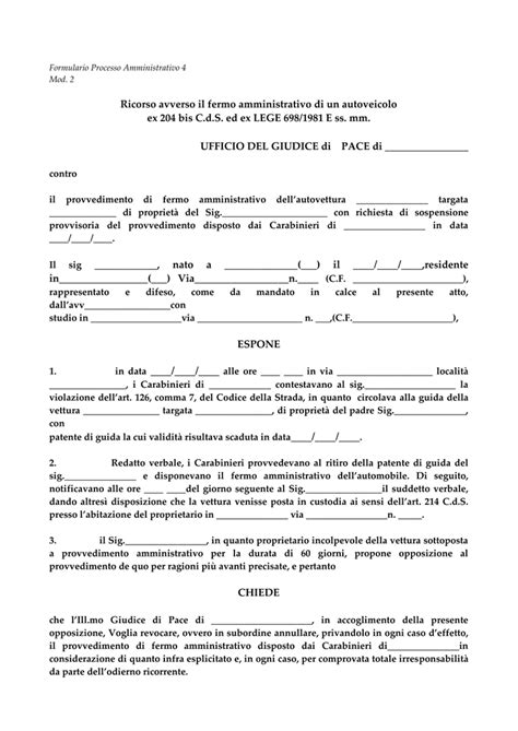 Mancata indicazione del tasso alcolemico per guida in stato di ebbrezza. Formulario Processo Amministrativo 4 Mod. 2 Ricorso avverso il