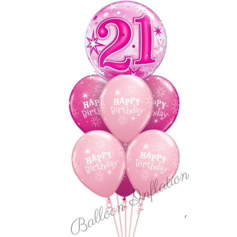 Balloon garland with flower balloons. 21st Birthday Pink Starburst Bubble Balloon Bouquet