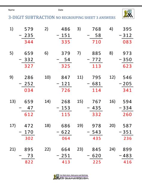 You may select between 12 and 30 subtraction problems per worksheet. 3 Digit Subtraction Worksheets