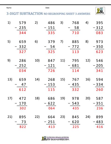 Calculate each sum or difference. 3 Digit Subtraction Worksheets