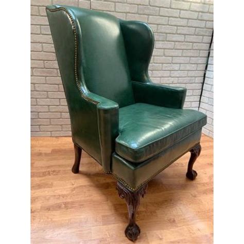 Create an inviting atmosphere with new living room chairs. Hancock and Moore Green Leather Wingback Chairs and ...