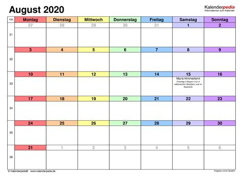 Colored, black & white, and ink saver. Kalender August 2020 als PDF-Vorlagen