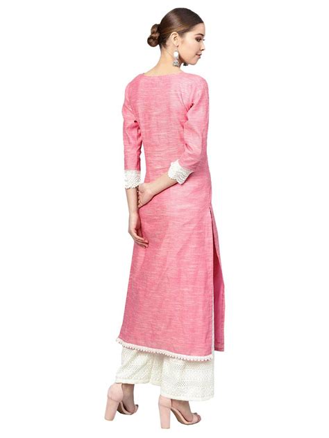 Get great deals on ebay! Pink & White Handloom Cotton Lace Border Kurta Palazzo Set ...