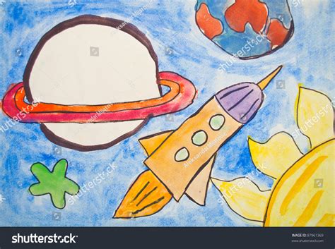 Draw an oval to define his helmet. Kid'S Painting Of Universe With Planets And Stars Stock ...