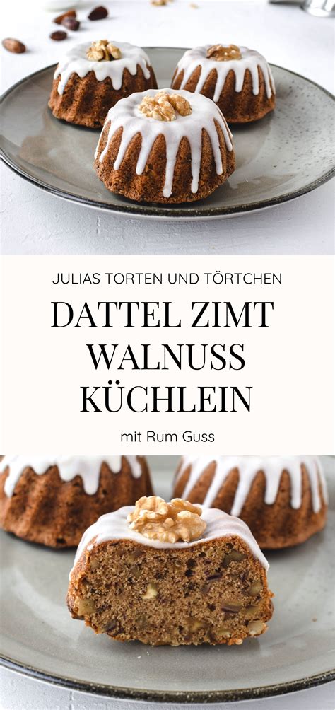 Danach aus dem ofen nehmen, den kuchen komplett auskühlen lassen und aus der form stürzen. Dattel Zimt Walnuss Küchlein mit Rum Guss | Walnusskuchen ...