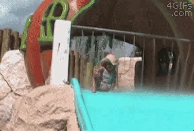 A video clip seemingly shows a man shooting down a waterslide, flying off a ramp, and landing in a small wading pool far away. water slide test : gifs