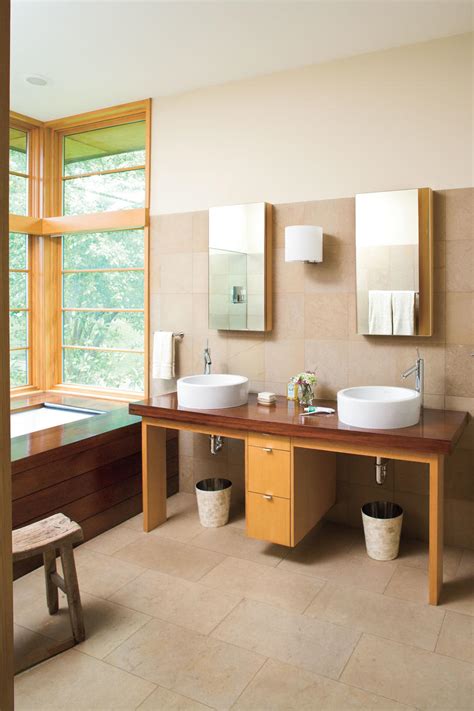 For chairs and benches in southwestern bathrooms, knotty pine can be left completely natural or lightly stained to protect the surface but preserve the natural color and appearance of the knots. 65 Calming Bathroom Retreats - Southern Living