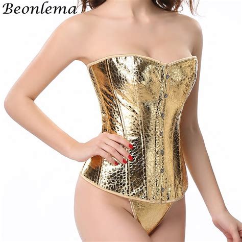 The most common shiny gold thong material is metal. Beonlema Gold Overbust Bustier Korset Shiny Corset ...