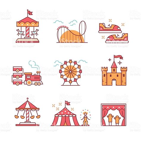 Theme amusement park sings set. Thin line art icons. Flat style... | Amusement park, Theme park ...