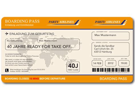 Buchen sie billige flüge problemlos online! Einladungskarte als Flugticket Boarding Pass Art. 062 ORANGE