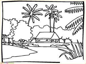 Gambar pemandangan alam pedesaan desa dengan pemandangan perbukitan padang rumput pepohonan sawah terasiring dan rumah petani. Gambar Pemandangan Alam Pedesaan Yang Belum Diwarnai